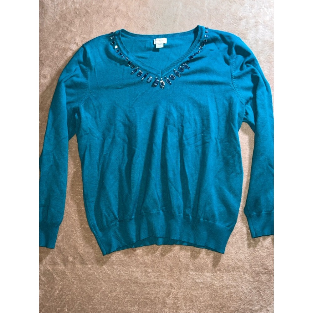 Jaclyn Smith Women XL Teal Pullover V-Neck Jewel Bead Embellished Sweater